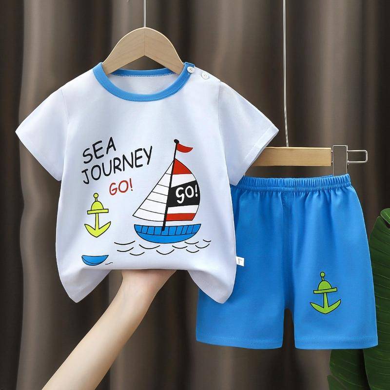 2 Teile/satz Sommer Cartoon Kurzen Ärmeln Tops Shorts Outfit Set Baumwolle Neugeborenen kinder Pyjamas Kleinkind Jungen Mädchen Baby Kinder Kleidung 90 blau von Joom DACH