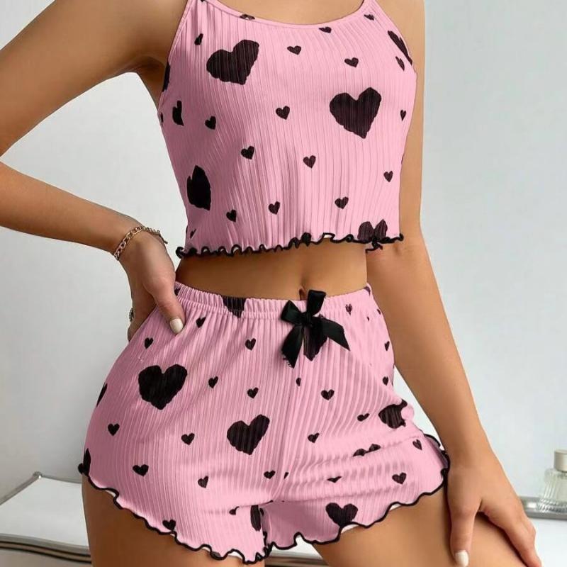 2 Teile/satz Sommer Pyjamas Anzug Für Frauen Verstellbaren Riemen Ärmelloses Herz Print Crop Top Raffen Rand Hohe Taille Shorts Schlafzimmer Nachtwäsche Set 2XL rosa von Joom DACH