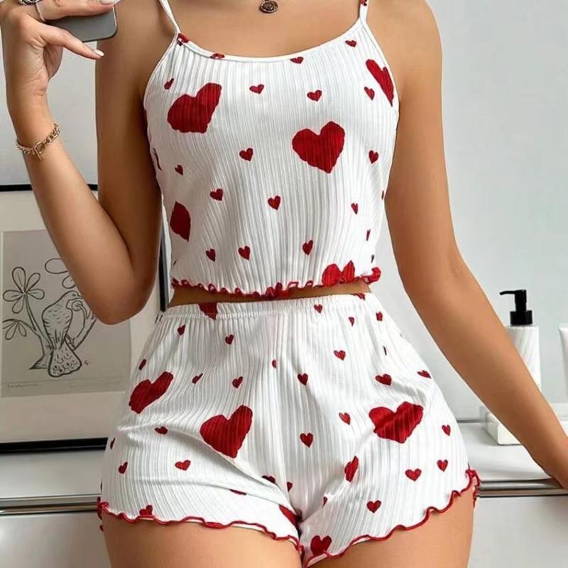 2 Teile/satz Sommer Pyjamas Anzug Für Frauen Verstellbaren Riemen Ärmelloses Herz Print Crop Top Raffen Rand Hohe Taille Shorts Schlafzimmer Nachtwäsche Set 2XL von Joom DACH
