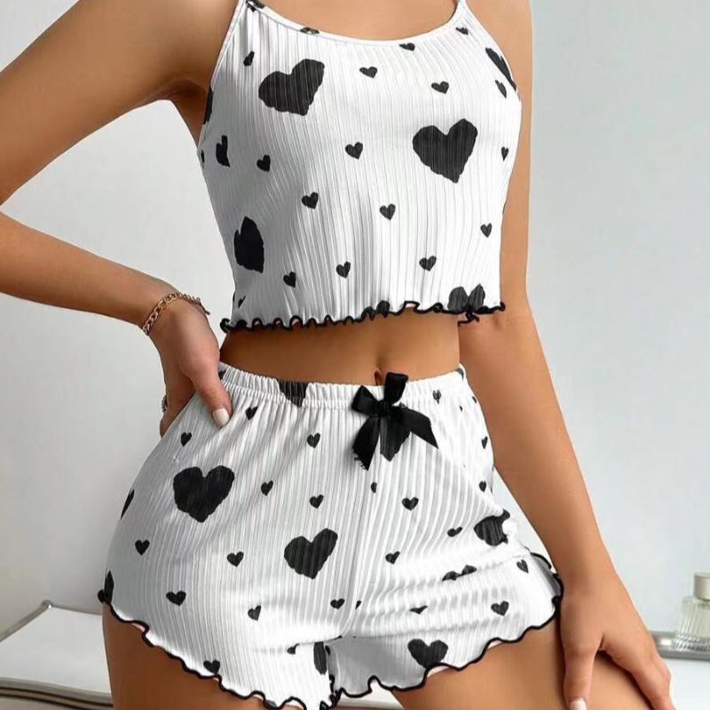 2 Teile/satz Sommer Pyjamas Anzug Für Frauen Verstellbaren Riemen Ärmelloses Herz Print Crop Top Raffen Rand Hohe Taille Shorts Schlafzimmer Nachtwäsche Set L schwarz von Joom DACH