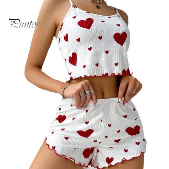 2 Teile/satz Sommer Pyjamas Anzug Für Frauen Verstellbaren Riemen Ärmelloses Herz Print Crop Top Raffen Rand Hohe Taille Shorts Schlafzimmer Nachtwäsche Set M rot von Joom DACH