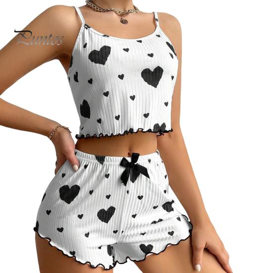 2 Teile/satz Sommer Pyjamas Anzug Für Frauen Verstellbaren Riemen Ärmelloses Herz Print Crop Top Raffen Rand Hohe Taille Shorts Schlafzimmer Nachtwäsche Set S von Joom DACH