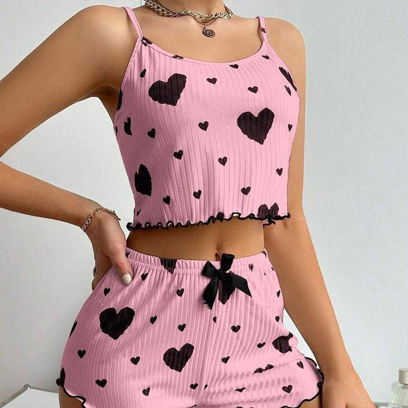 2 Teile/satz Sommer Pyjamas Anzug Für Frauen Verstellbaren Riemen Ärmelloses Herz Print Crop Top Raffen Rand Hohe Taille Shorts Schlafzimmer Nachtwäsche Set S rosa von Joom DACH