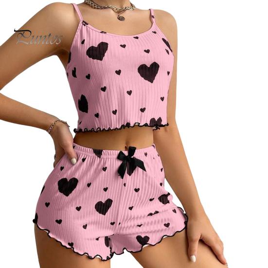 2 Teile/satz Sommer Pyjamas Anzug Für Frauen Verstellbaren Riemen Ärmelloses Herz Print Crop Top Raffen Rand Hohe Taille Shorts Schlafzimmer Nachtwäsche Set XL von Joom DACH