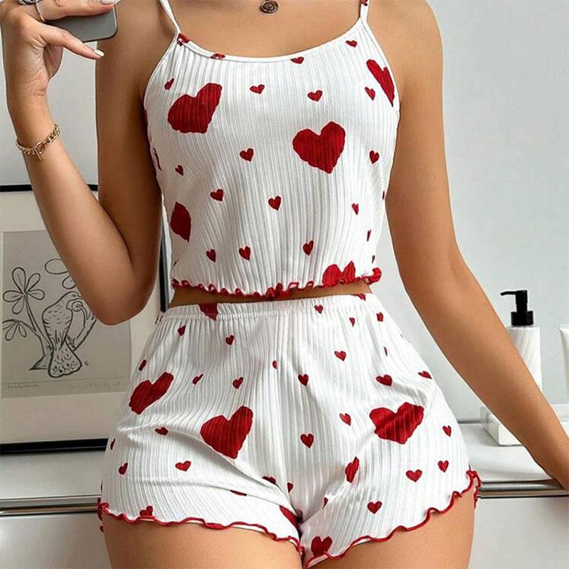 2 Teile/satz Sommer Pyjamas Anzug Für Frauen Verstellbaren Riemen Ärmelloses Herz Print Crop Top Raffen Rand Hohe Taille Shorts Schlafzimmer Nachtwäsche Set XL von Joom DACH