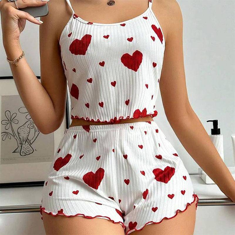 2 Teile/satz Sommer Pyjamas Anzug Für Frauen Verstellbaren Riemen Ärmelloses Herz Print Crop Top Raffen Rand Hohe Taille Shorts Schlafzimmer Nachtwäsche Set XL von Joom DACH