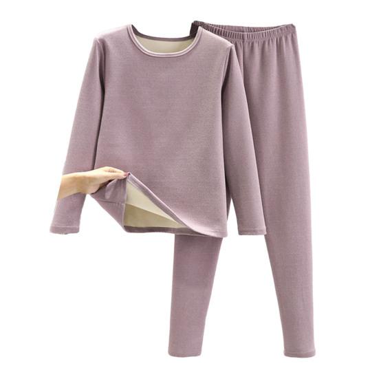 2 Teile/satz Winter Top Hosen Set Dicke Plüsch Rundhals Langarm Elastische Taille Warme Weiche Kältebeständig Homewear Pyjamas Set Thermo-unterwäsche Set 3XL licht lila von Joom DACH