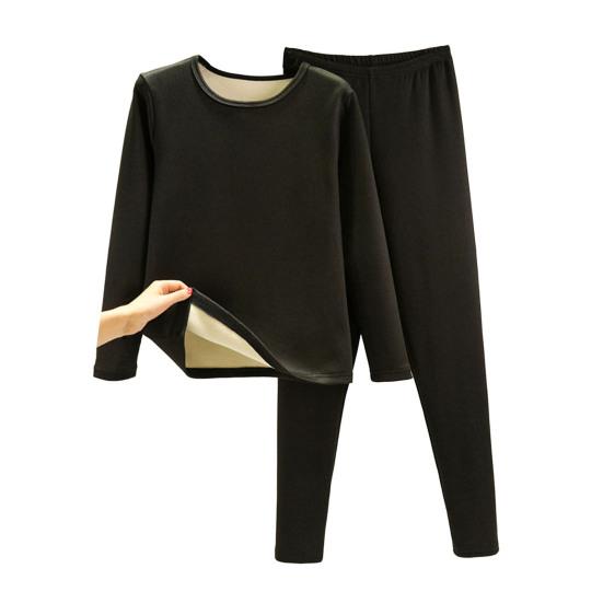 2 Teile/satz Winter Top Hosen Set Dicke Plüsch Rundhals Langarm Elastische Taille Warme Weiche Kältebeständig Homewear Pyjamas Set Thermo-unterwäsche Set 3XL schwarz von Joom DACH