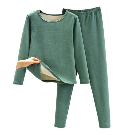 2 Teile/satz Winter Top Hosen Set Dicke Plüsch Rundhals Langarm Elastische Taille Warme Weiche Kältebeständig Homewear Pyjamas Set Thermo-unterwäsche Set XL grün von Joom DACH