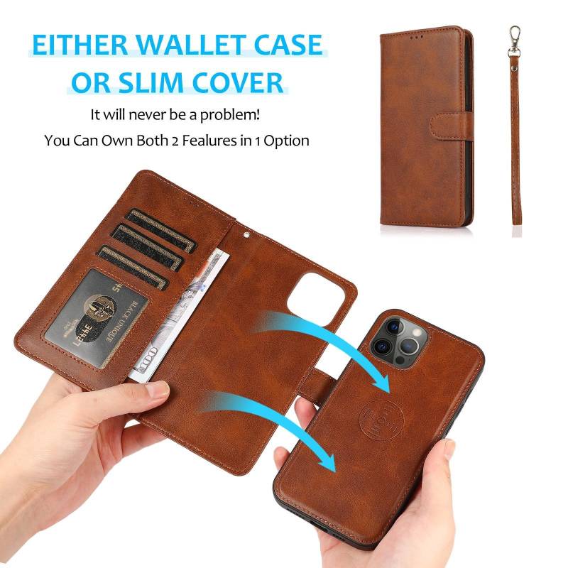 2 in 1 abnehmbare magnetische Leder Flip Wallet Case für iPhone 16 15 14 13 12 11 Pro Max Samsung S25 S24 S23 S22 S21 S20 Ultra Plus FE A14 A15 A55 A54 Samsung S24 FE braun von Joom DACH