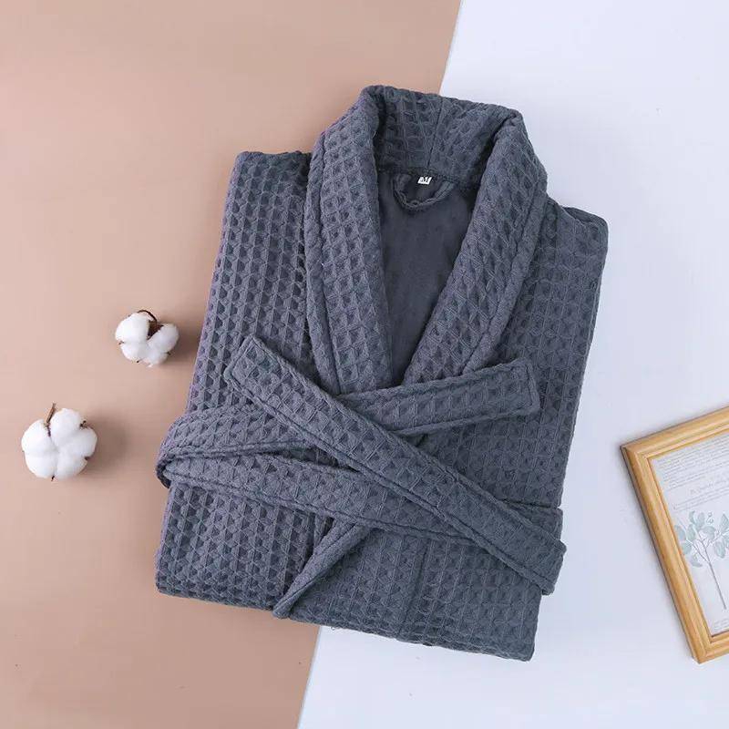 2-lagiger Waffel-Hotelmantel, Herren-Kimono-Bademantel aus 100 % Baumwolle, Handtuch-Bademantel, saugfähiger Mantel, langer Damen-Pyjama XL grau von Joom DACH