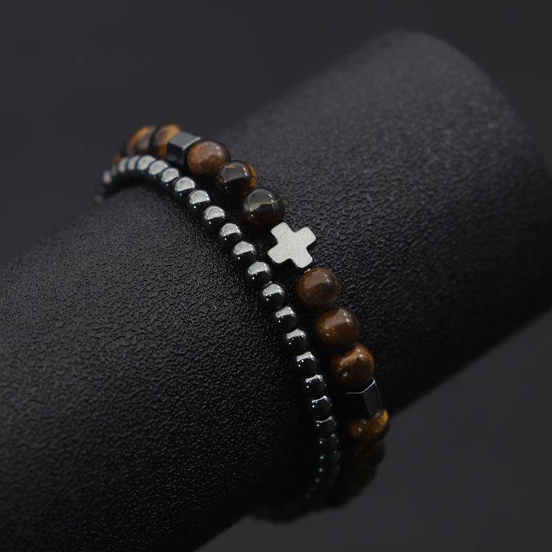 2 stücke Männer Armband Set Hämatit Kreuz Braslet Für Hombre Natürliche Lava Tiger Augen Stein Braclet Homme Perlen Brazalete Pulseira von Joom DACH