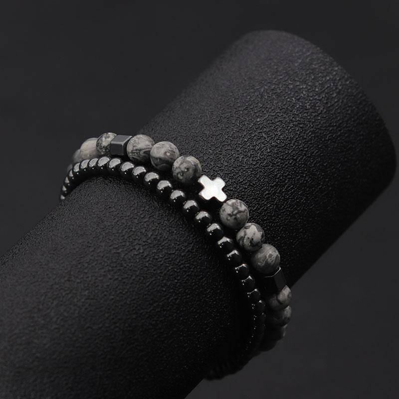 2 stücke Männer Armband Set Hämatit Kreuz Braslet Für Hombre Natürliche Lava Tiger Augen Stein Braclet Homme Perlen Brazalete Pulseira von Joom DACH