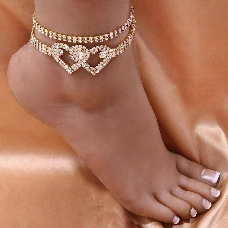 2 stücke Mode Doppel Herz Fußkettchen Kristall Armband für Frauen Sommer Strand Mehrreihige Strass Fußkettchen Armband Auf Bein gold von Joom DACH