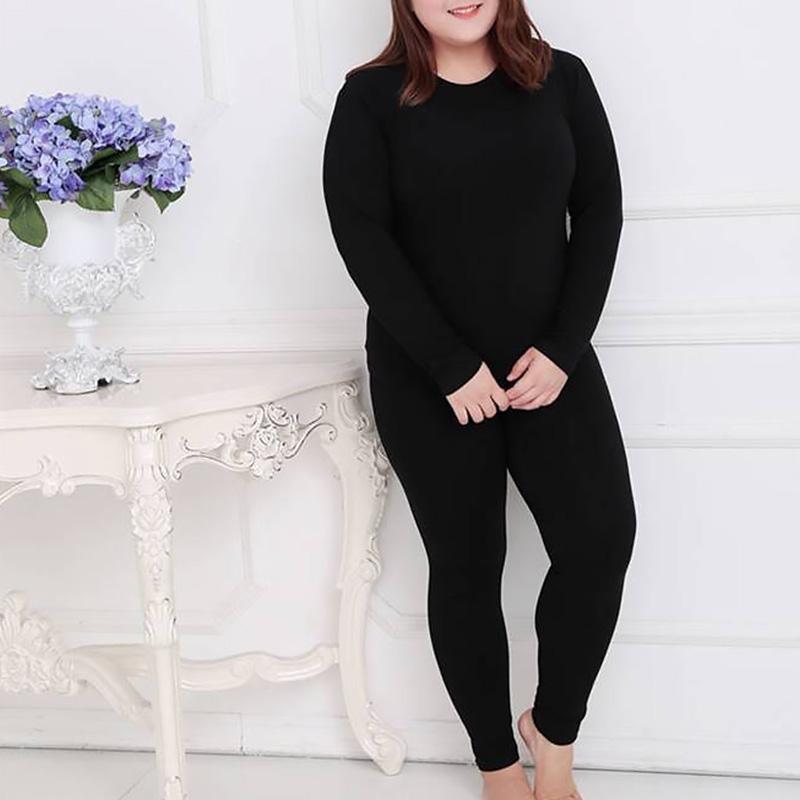 2 stücke Warme O Hals Einfarbig Thermo-Unterwäsche Hohe Qualität Plus Größe Lange Unterhosen Frauen Geformte Sets M-10XL 6XL schwarz von Joom DACH