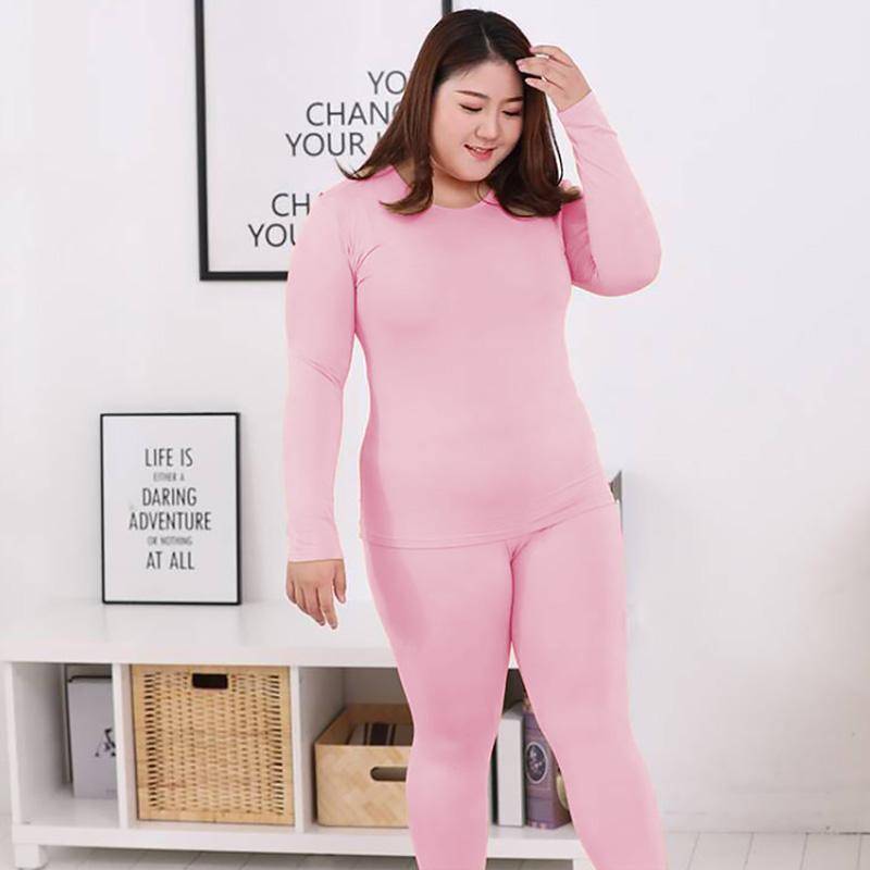 2 stücke Warme O Hals Einfarbig Thermo-unterwäsche Hohe Qualität Plus Größe Lange Unterhosen Frauen Geformte Sets 5XL rosa von Joom DACH