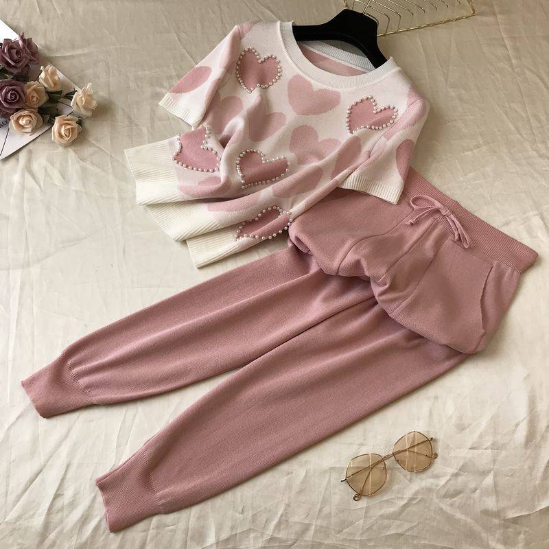 2 teile/satz Gestrickte Set Frauen Perlen Kurzarm Pullover Tops + Elastische Taille Hosen 2 stück Set Lässige Elegante Outfits XL rosa von Joom DACH