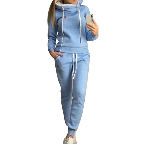 2-teiliger Damen-Jogginganzug, einfarbig, Trainingsanzüge, Fleece-gefüttert, Kapuzenpullover, Hosen-Set, Damenbekleidung in Übergröße M blau von Joom DACH