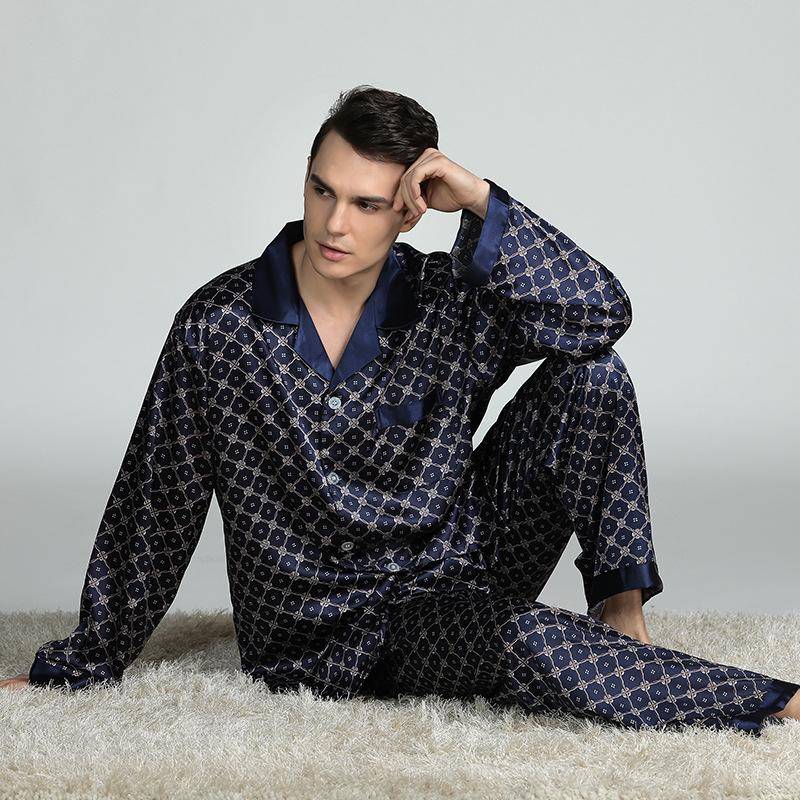 2-teiliger langärmliger Seidenpyjama für Herren mit klassischem Aufdruck, luxuriöser Seidenpyjama, weicher, bequemer Pyjama XXL von Joom DACH