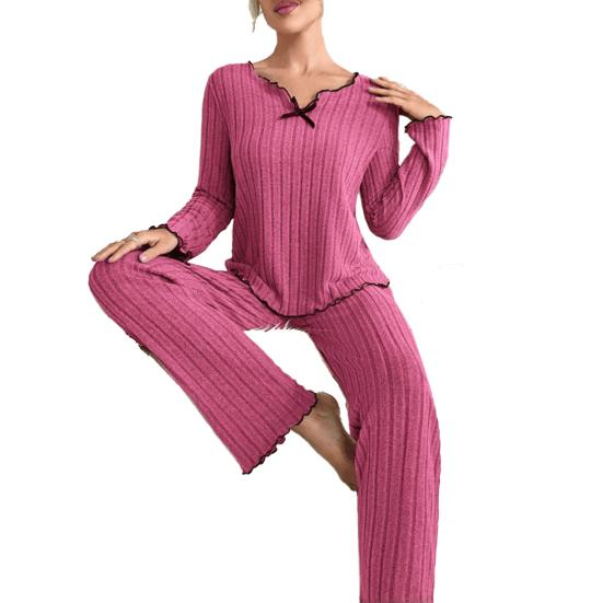 2-teiliges/Set Damen Pyjama Set V-Ausschnitt Langarm Spitzenbesatz Oberteile Elastisch 2XL rose rot von Joom DACH