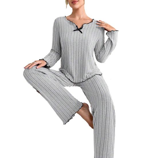 2-teiliges/Set Damen Pyjama Set V-Ausschnitt Langarm Spitzenbesatz Oberteile Elastisch 2XL grau von Joom DACH
