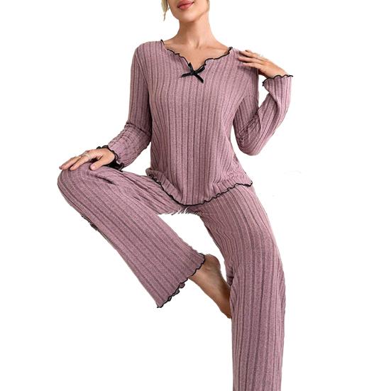 2-teiliges/Set Damen Pyjama Set V-Ausschnitt Langarm Spitzenbesatz Oberteile Elastisch XL violett von Joom DACH