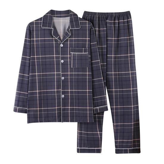 2-teiliges/Set Herren Pyjama-Set Revers Langarm Einreihige Oberteile Elastische Taille Lange Hosen Set Karomuster Nachtwäsche L dunkelgraue von Joom DACH