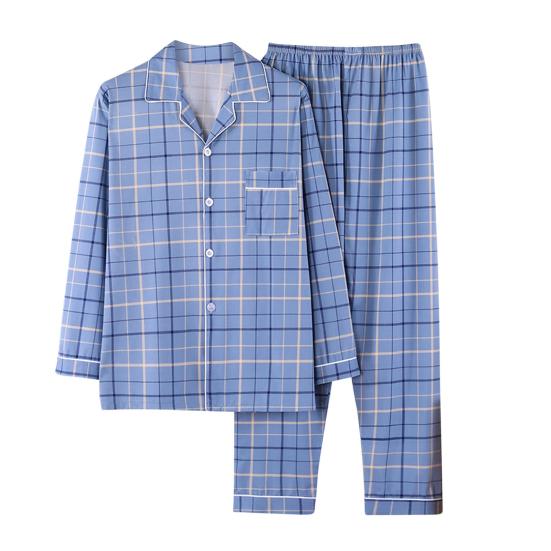 2-teiliges/Set Herren Pyjama-Set Revers Langarm Einreihige Oberteile Elastische Taille Lange Hosen Set Karomuster Nachtwäsche XL blau von Joom DACH