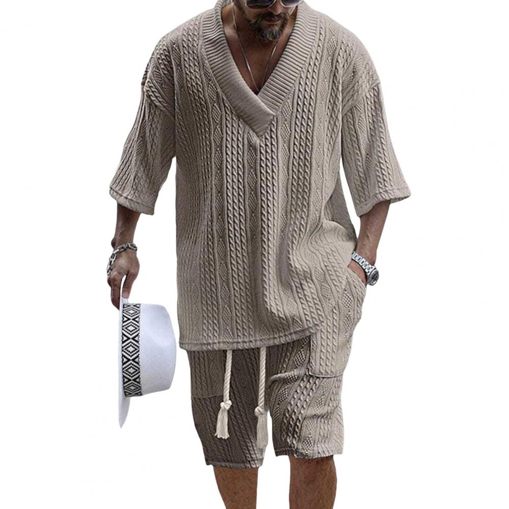 2-teiliges/Set Herren Sommer-Outfit V-Ausschnitt Kurzarm T-Shirt Elastischer Kordelzug in der Taille Taschen Weitbeinige Shorts Set Einfarbig Strick L apricot von Joom DACH