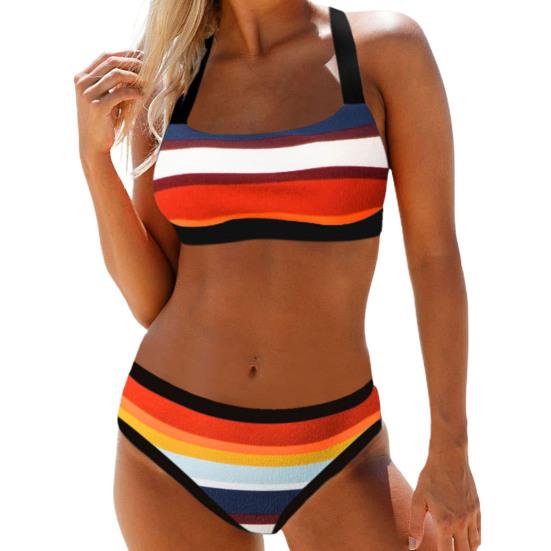 2-teiliges Damen-Bikini-Set mit buntem Streifendruck, U-Ausschnitt, Kontrastfarbe 2XL von Joom DACH