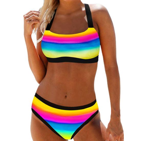 2-teiliges Damen-Bikini-Set mit buntem Streifendruck, U-Ausschnitt, Kontrastfarbe 2XL blau von Joom DACH