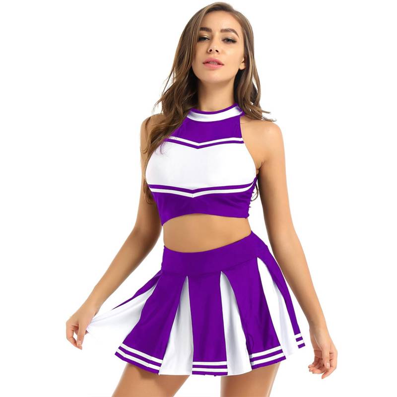 2-teiliges Damen-Cheerleading-Kostüm, Uniform-Outfit, ärmelloses Crop-Top mit Mini-Faltenrock S violett von Joom DACH