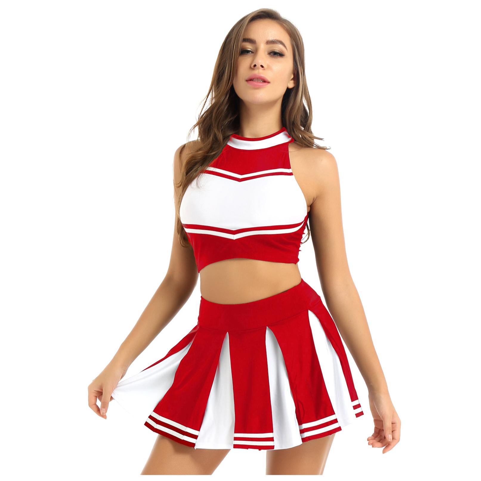 2-teiliges Damen-Cheerleading-Kostüm, Uniform-Outfit, ärmelloses Crop-Top mit Mini-Faltenrock XL rot von Joom DACH
