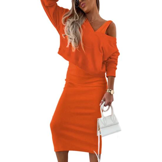2-teiliges Damen-Sweatshirt-Kleid-Set mit V-Ausschnitt, locker, weich, dick, warm, einfarbig, kurzes Oberteil, ärmellos, schmal geschnittenes Kleid, lässiges Kleid in mittlerer Wadenlänge XL orange von Joom DACH