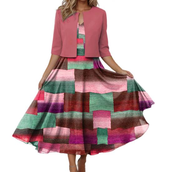 2-teiliges Mantel-Kleid-Set für Damen, Halbarm-Strickjacke, V-Ausschnitt, Farbblock-Karomuster, ärmellos, A-Linie, lockerer Saum, Ballkleid, Midikleid-Set XL rosa von Joom DACH