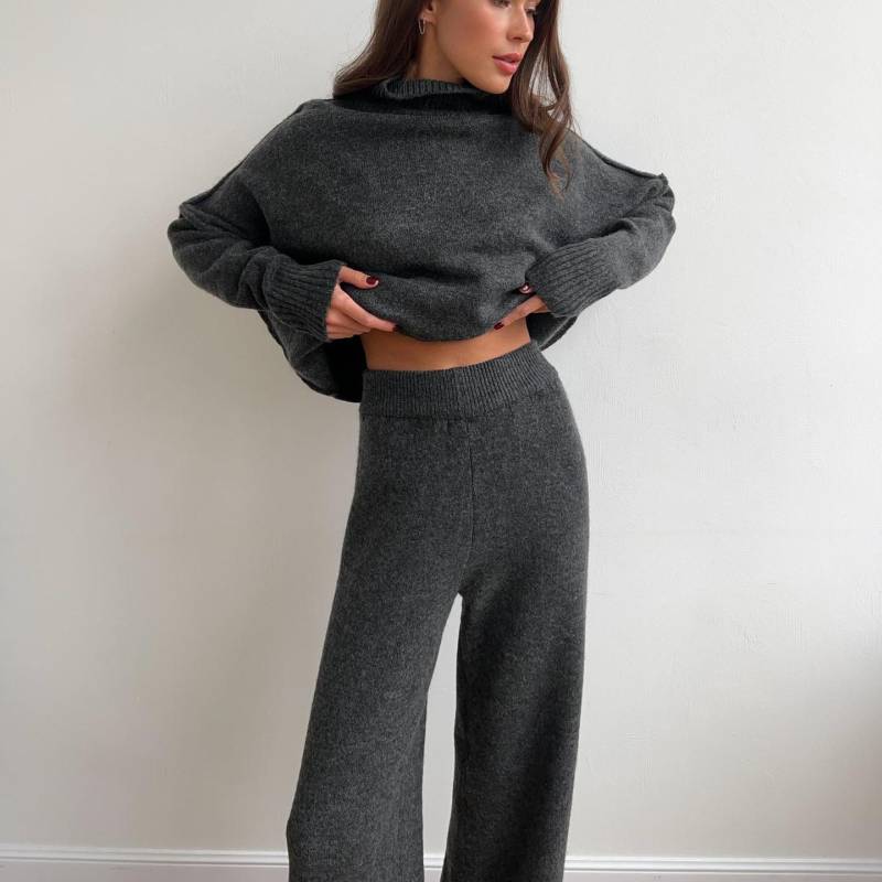 2-teiliges Pullover-Set für Damen, hochgeschlossenes Strick-Langarm-Pullover-Oberteil und Hose mit weitem Bein, passende Lounge-Sets, Herbst-Winter-Outfits, Trainingsanzug für Damen M dunkelgraue von Joom DACH