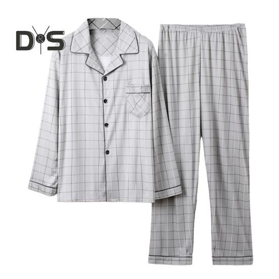 2-teiliges Pyjama-Set für Herren, kariertes Revers, langärmelig, einreihiges Hemd, elastische Taille, lange Hosen, lockere Passform, Loungewear-Anzug L licht grau von Joom DACH