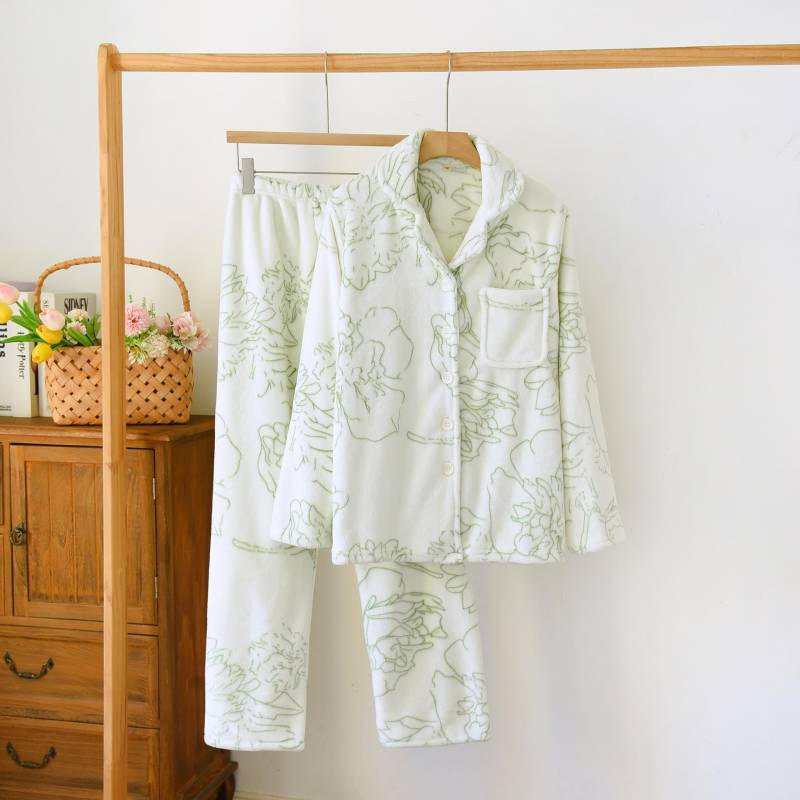 2-teiliges Pyjama-Set im chinesischen Stil, Retro-Pyjama mit Knöpfen für Damen, Flanell-Hauskleidung, lässig, schlicht, Korallensamt XL von Joom DACH