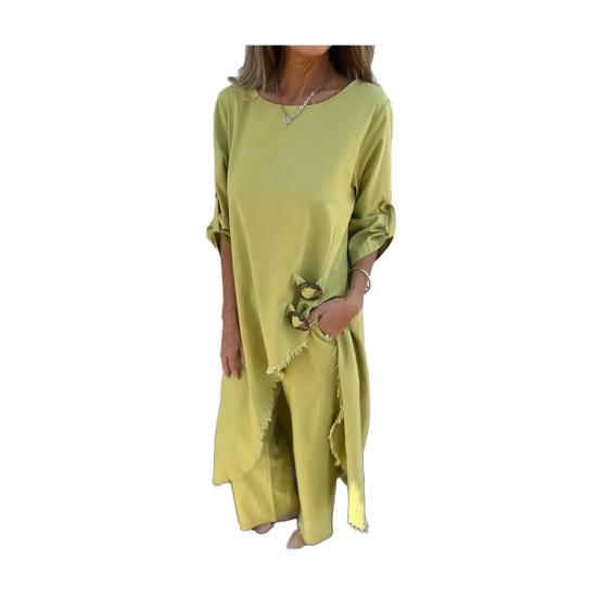 2-teiliges Set Damen-Oberteil mit Hosenanzug, neunte Ärmel, mit Manschettenknöpfen, unregelmäßig zerrissene Bluse in mittlerer Länge, weites Bein, Hosen-Set, lässiges Alltagsoutfit XXXL gelb 2-teiliges Set Damen-Oberteil mit Hosenanzug, neunte Ärmel, mit Manschettenknöpfen, unregelmäßig zerrissene Bluse in mittlerer Länge, weites Bein, Hosen-Set, lässiges Alltagsoutfit XXXL gelb von Joom DACH
