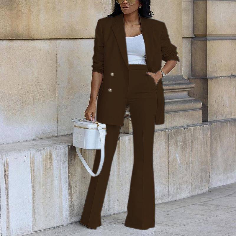 2-teiliges Set aus eleganter, einfarbiger Hose mit hoher Taille und langärmligem Büro-Blazer für Damen XXL braun 2-teiliges Set aus eleganter, einfarbiger Hose mit hoher Taille und langärmligem Büro-Blazer für Damen XXL braun von Joom DACH