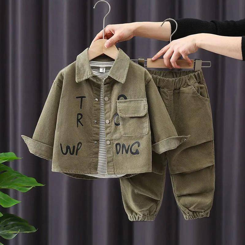 2-teiliges Set für Jungen aus Cord für Kinder, modische Langarmjacken und weite, lässige Jogginghosen für Frühling und Herbst im koreanischen Stil 100 armee grüne von Joom DACH