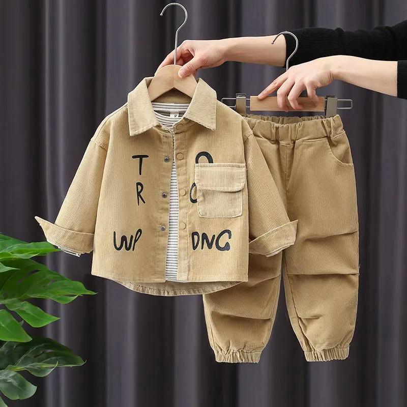 2-teiliges Set für Jungen aus Cord für Kinder, modische Langarmjacken und weite, lässige Jogginghosen für Frühling und Herbst im koreanischen Stil 120 khaki von Joom DACH