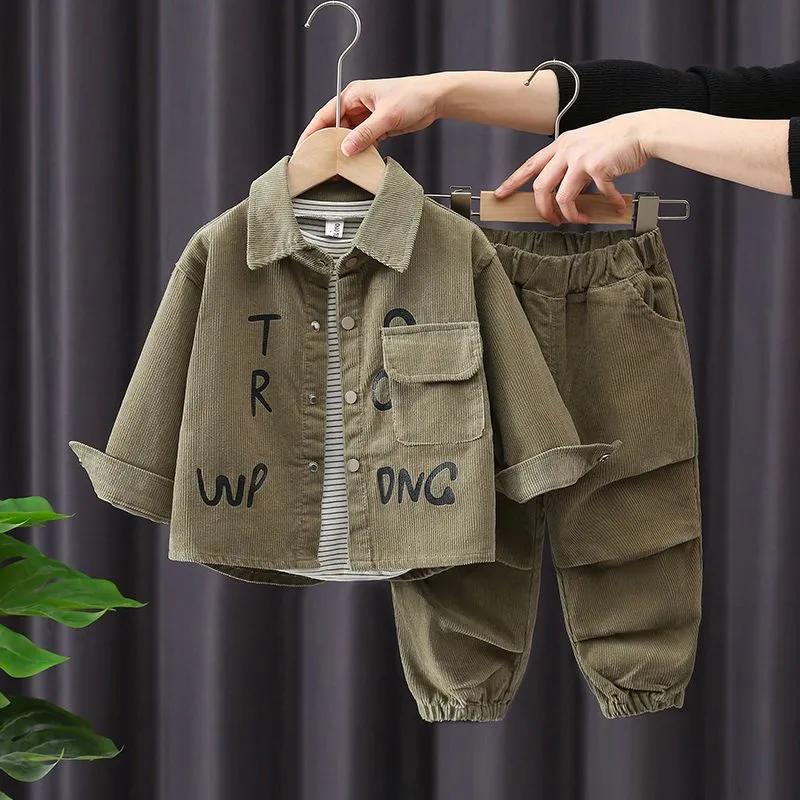 2-teiliges Set für Jungen aus Cord für Kinder, modische Langarmjacken und weite, lässige Jogginghosen für Frühling und Herbst im koreanischen Stil 80 armee grüne von Joom DACH