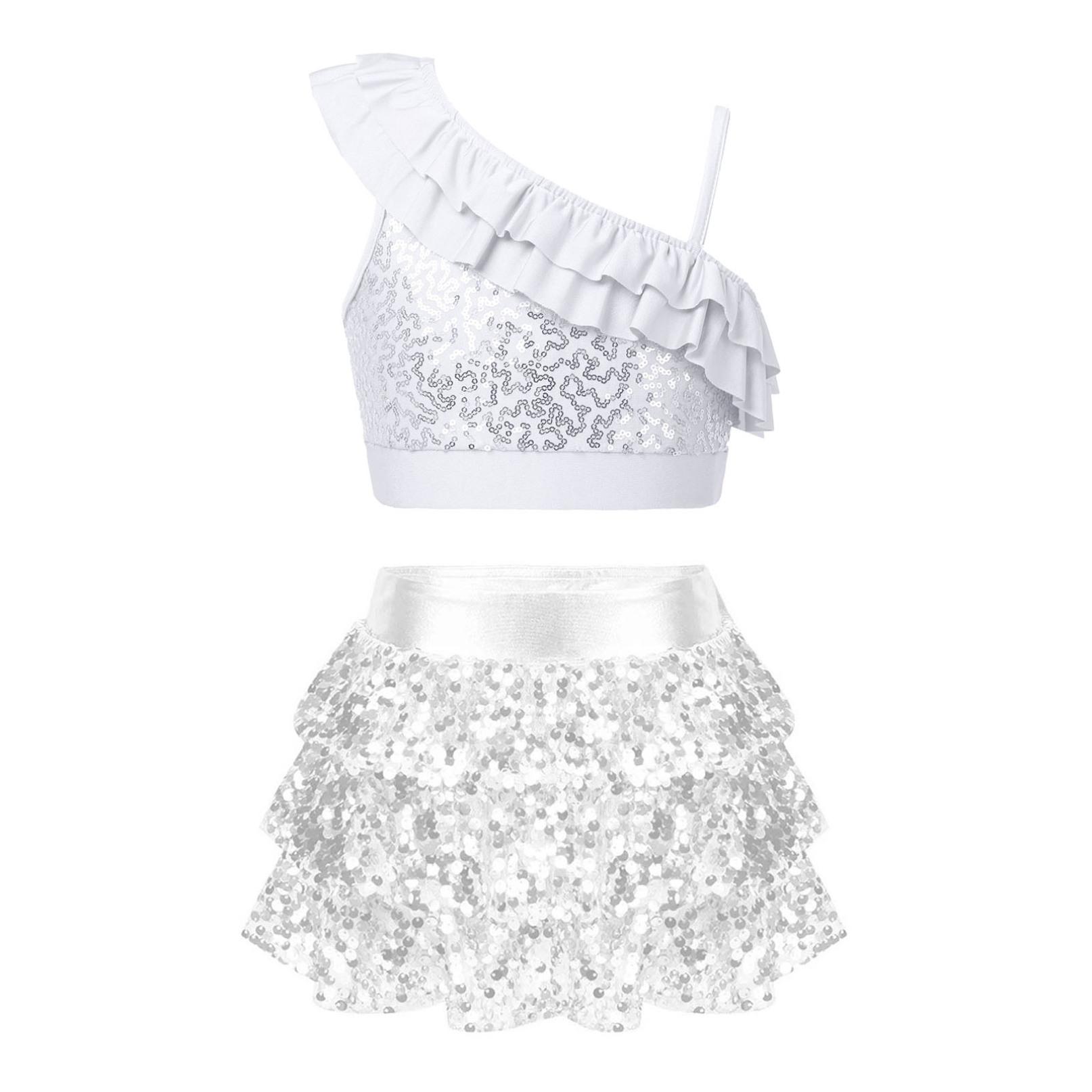 2-teiliges Set für Kinder, Mädchen, Pailletten-Tanzkleidung, bauchfreies Top und Rock, Latin-Jazz-Tanzkostüm, Gymnastik-Trikot 13-14 Years silber von Joom DACH