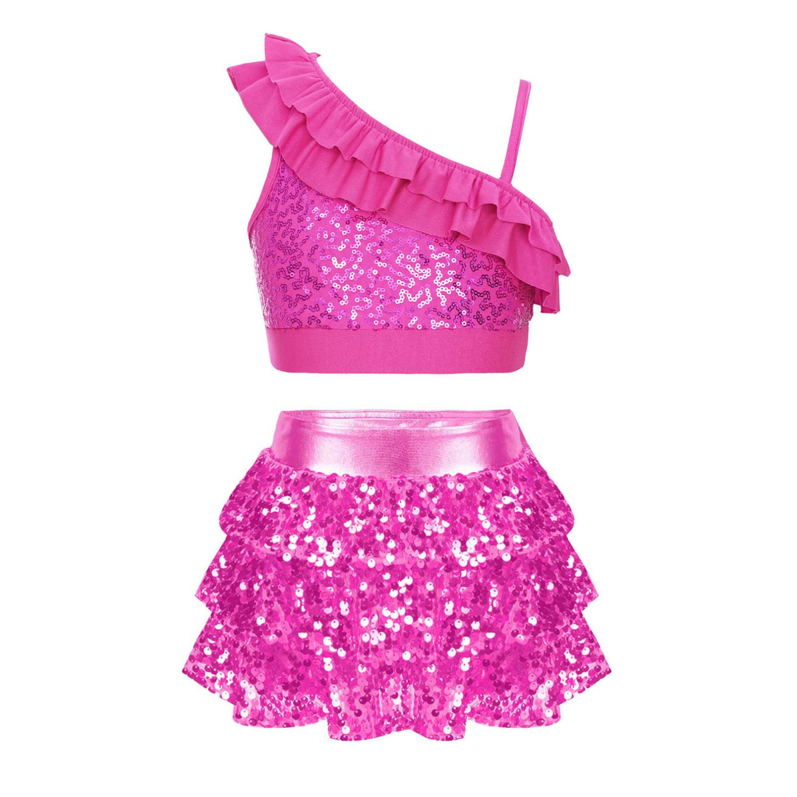 2-teiliges Set für Kinder, Mädchen, Pailletten-Tanzkleidung, bauchfreies Top und Rock, Latin-Jazz-Tanzkostüm, Gymnastik-Trikot 7-8 Years heißes rosa von Joom DACH