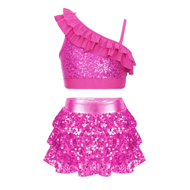 2-teiliges Set für Kinder, Mädchen, Pailletten-Tanzkleidung, bauchfreies Top und Rock, Latin-Jazz-Tanzkostüm, Gymnastik-Trikot 7-8 Years heißes rosa von Joom DACH