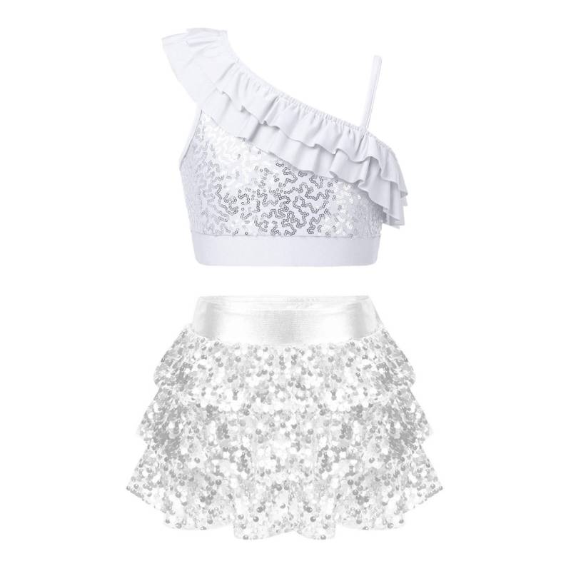 2-teiliges Set für Kinder, Mädchen, Pailletten-Tanzkleidung, bauchfreies Top und Rock, Latin-Jazz-Tanzkostüm, Gymnastik-Trikot 9-10 Years silber von Joom DACH