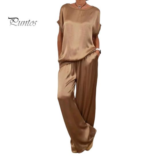 2-teiliges Set mit Oberteil und Hose aus Satin für Damen, Rundhalsausschnitt, Halbarm, Bluse, weites Bein, Hose mit elastischer Taille und Taschen, lockeres Outfit für die tägliche Freizeit 2XL von Joom DACH