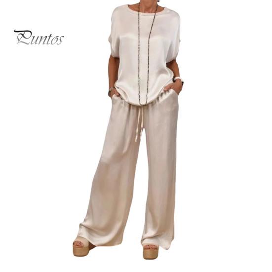 2-teiliges Set mit Oberteil und Hose aus Satin für Damen, Rundhalsausschnitt, Halbarm, Bluse, weites Bein, Hose mit elastischer Taille und Taschen, lockeres Outfit für die tägliche Freizeit 3XL weiß von Joom DACH