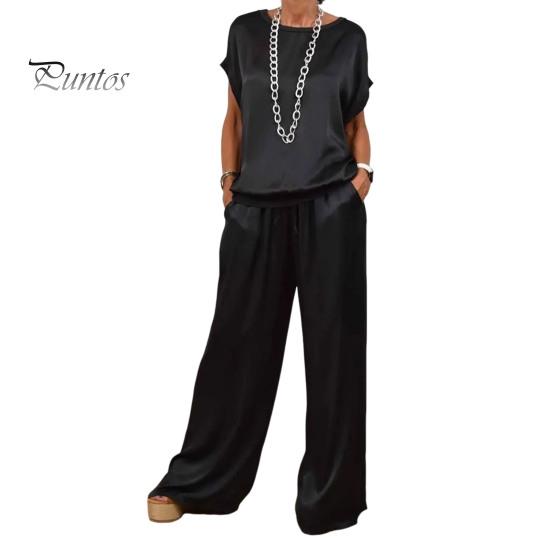 2-teiliges Set mit Oberteil und Hose aus Satin für Damen, Rundhalsausschnitt, Halbarm, Bluse, weites Bein, Hose mit elastischer Taille und Taschen, lockeres Outfit für die tägliche Freizeit 3XL schwarz von Joom DACH